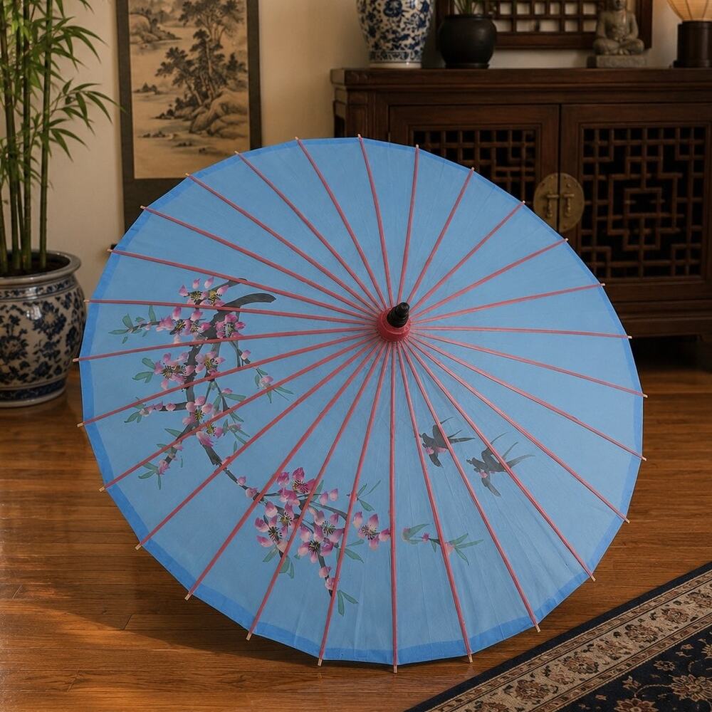 Vintage Hand Painted Fabric and Wood Umbrella